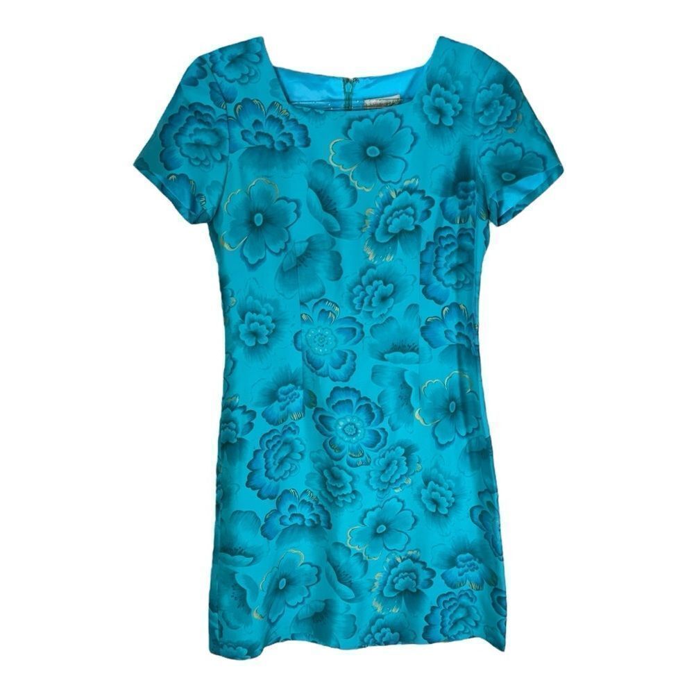 Coldwater Creek Silk Floral Sheath Midi Dress in Aqua With Metallic Gold Details